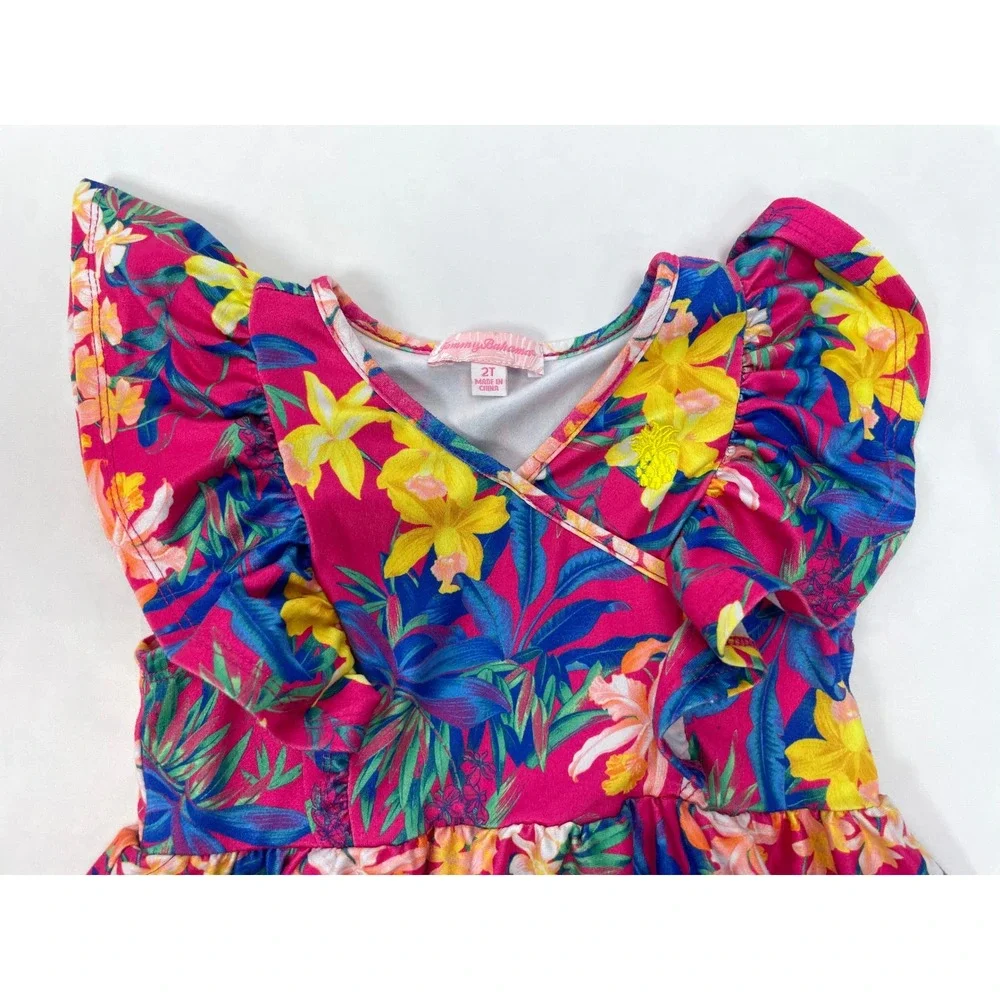 Tommy Bahama Girl 2T Dress Pink Floral Tropical Ruffle Sleeve